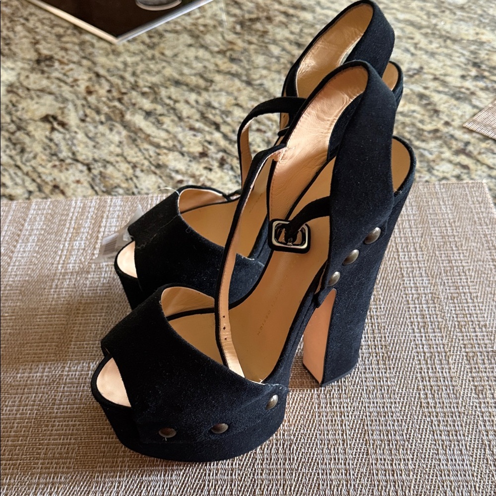 Giuseppe Zanotti Black Suede Platform Peep-Toe Sandals with Stud Accents